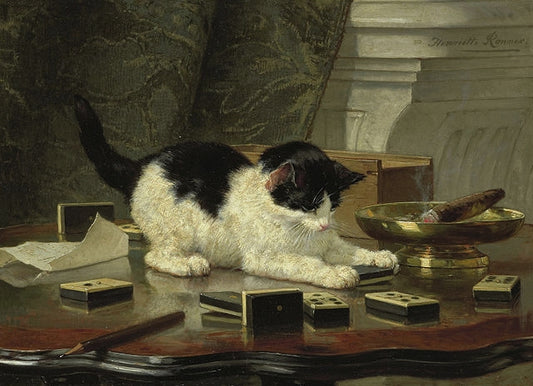 Cat at Play (on desk with dominos) by Henriette Ronner-Knip