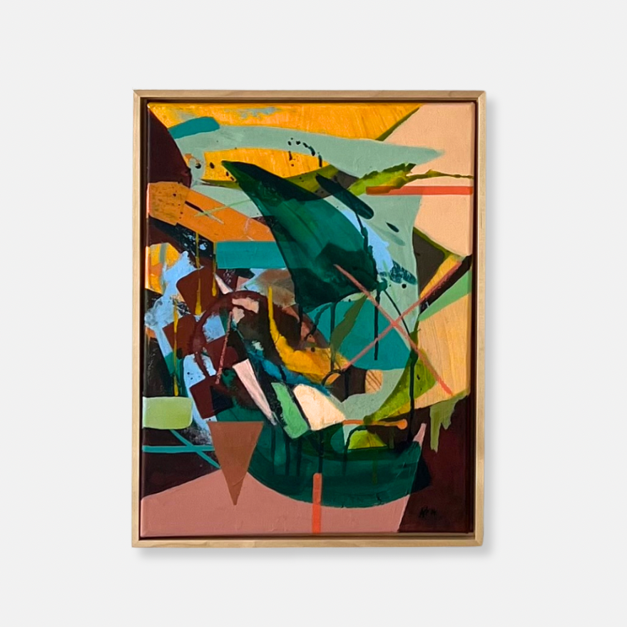 Abstract artwork with mauve, greens, peach and crimson colors in a frame on a white background.