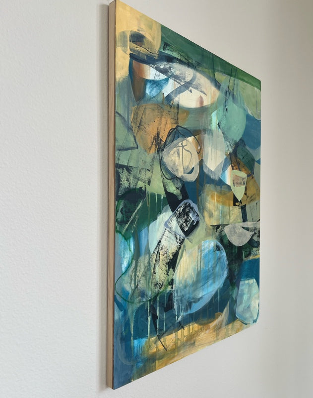 Abstract rectangular painting in blues, ochres, mint and beige.