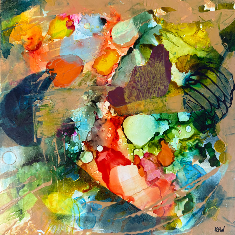Square abstract expressionist artwork with vibrant colors and textures