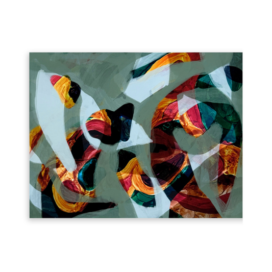 Abstract art print with colorful geometric shapes on a light gray background