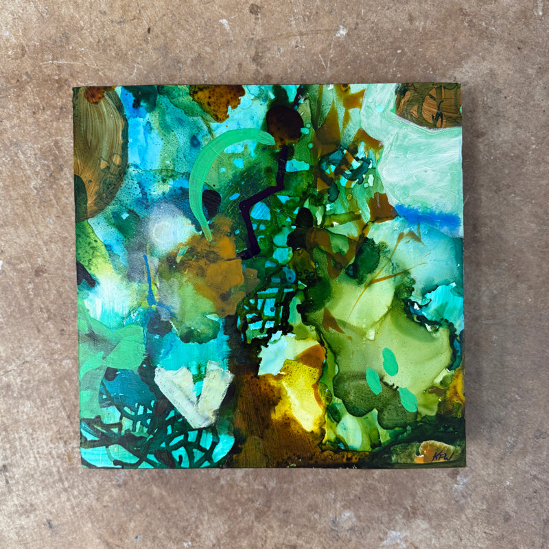 Abstract painting with green, blue, and brown colors on a textured surface