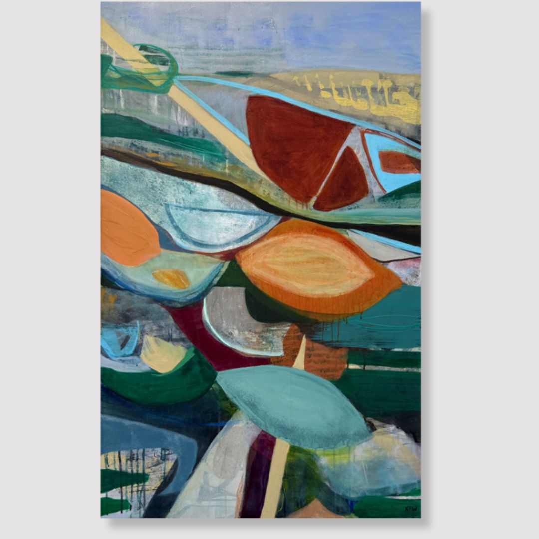 Abstract art with large round shapes and geometric lines