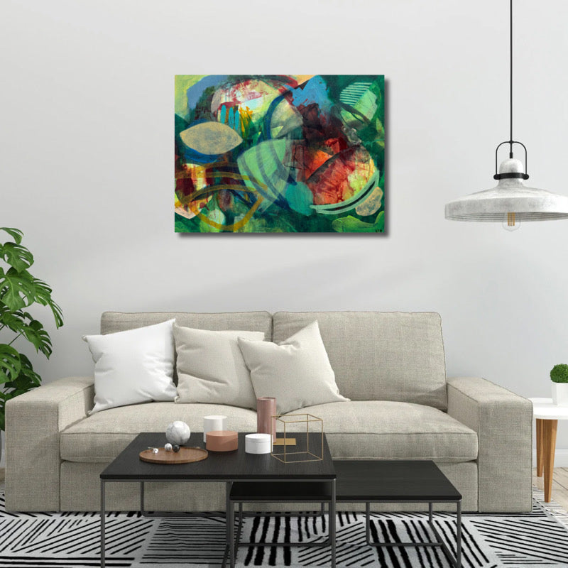 Living room with a neutral sofa, coffee table, and colorful abstract painting on the wall.