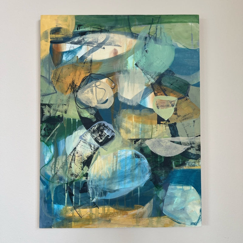 Abstract rectangular painting in blues, ochres, mint and beige.