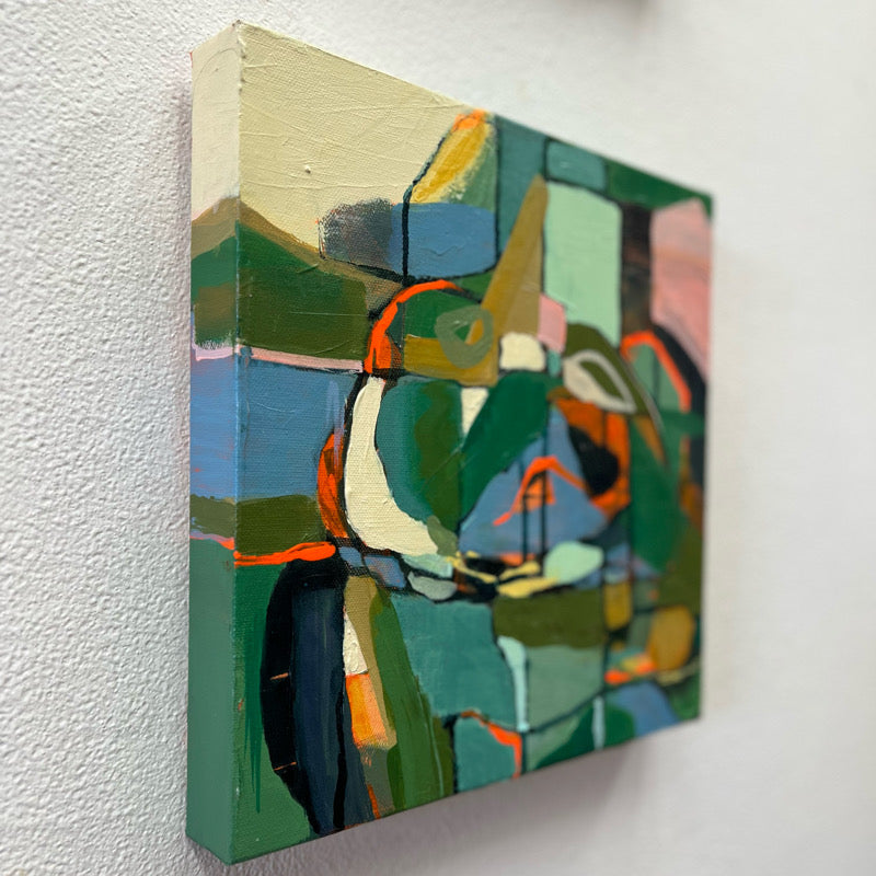 Green and blue abstract painting square canvas side view