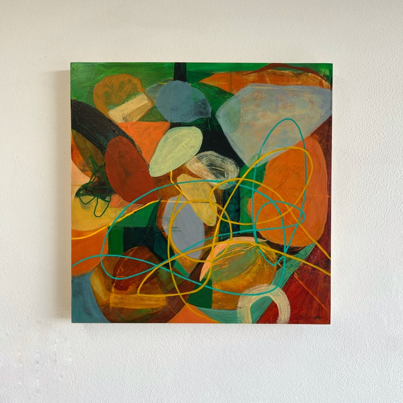 Artwork: multicolor shaped stacked organic forms with colorful lines on a square canvas