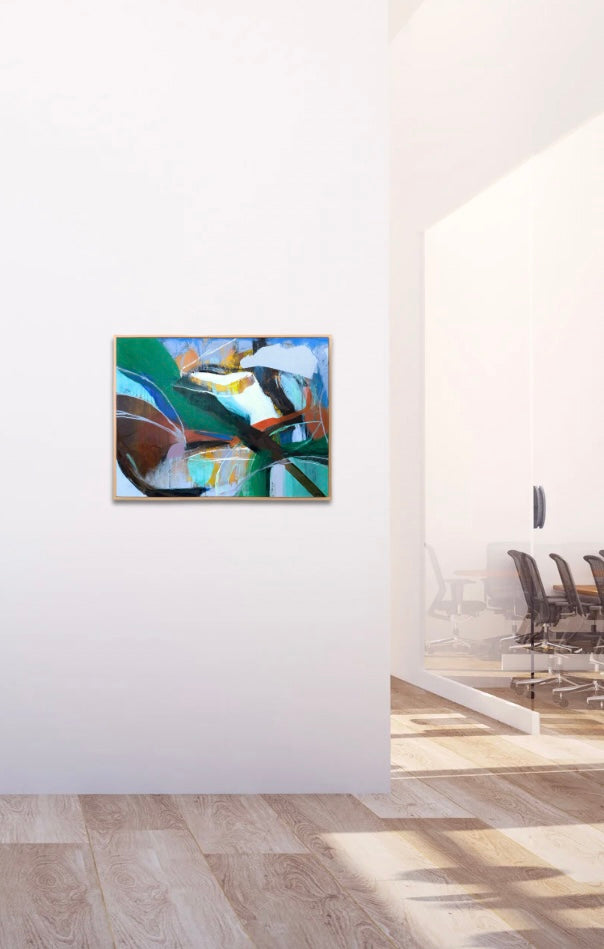 Colorful abstract art on wall in blue green silver and brown