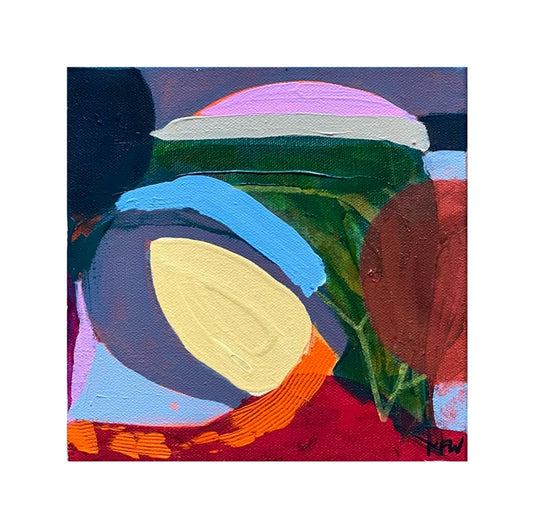 red, blue-grey, blue, orange and yellow abstract painting