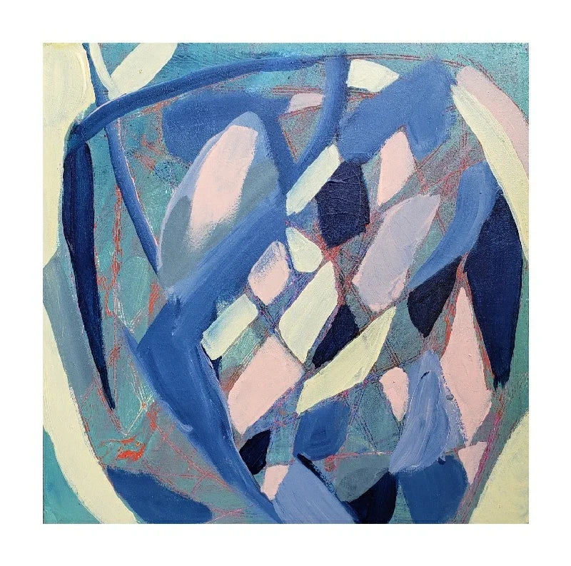 “Soft Armor”, original square blue modern abstract painting on panel, 12x12 inches