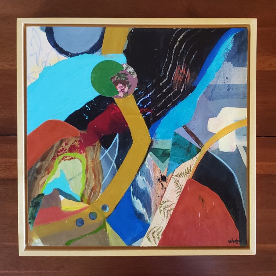 Mixed media paint and collaged square artwork abstract with yellows blues and muted reds.