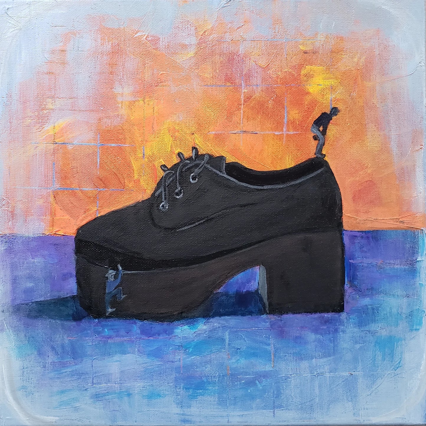 “Platform Dependency”, modern original square abstract shoe painting on canvas, 12x12 inches