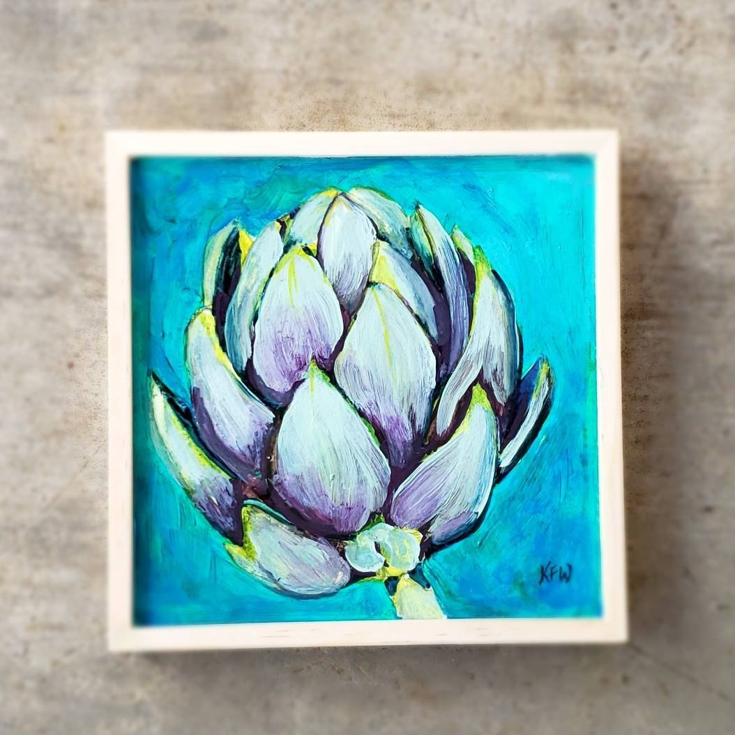Artichoke painting, tiny, 6x6 inches, framed panel