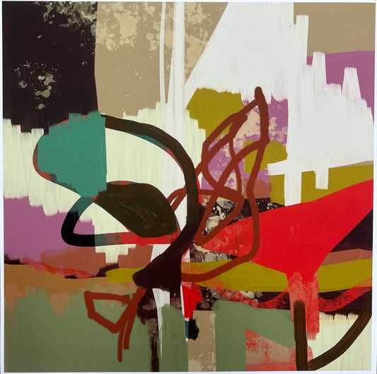 abstracy painting made with brilliant red, violet, dark brown; teal, and tan