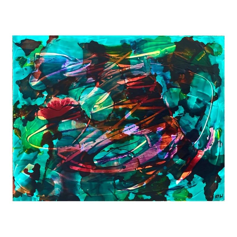 primarily bluegreen, red and magenta colors expressionist style painting