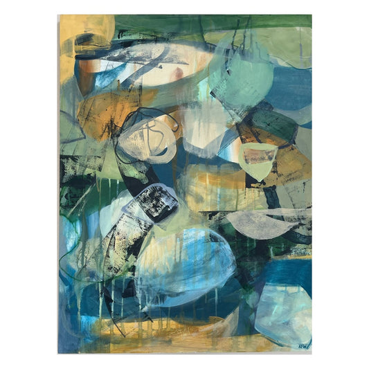 Abstract rectangular painting in blues, ochres, mint and beige.