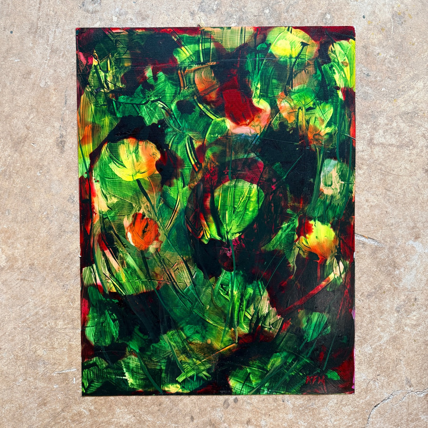 "Flower Fields" Original Abstract Acrylic Painting on Yupo Paper, 12x16