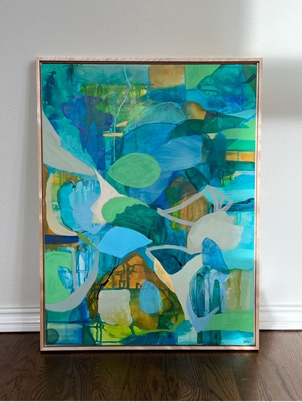 Blue abstract mcm painting with optional frame.