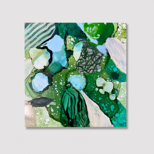 “Pensive Island” original art by Kasey Wanford, 10x10 mini on yupo paper