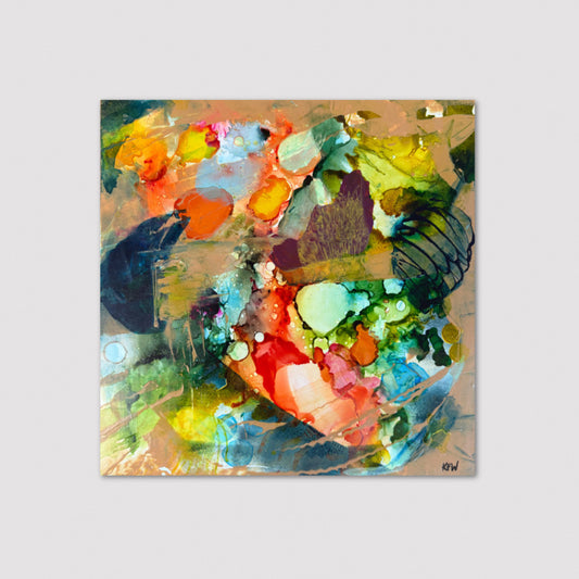 Abstract expressionist painting with vibrant colors on a light gray background