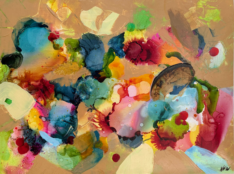 Multicolor abstract expressionist art with a tan background