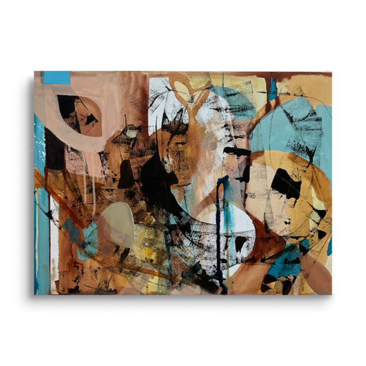 Abstract artwork featuring a mix of black, blue, and warm brown colors in an espadrille shoe shape on cradled wood, with visible brushstrokes.