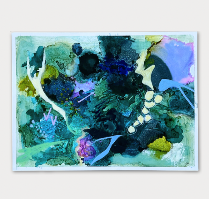 Abstract artwork with a mix of blue, green, and purple colors on a white background