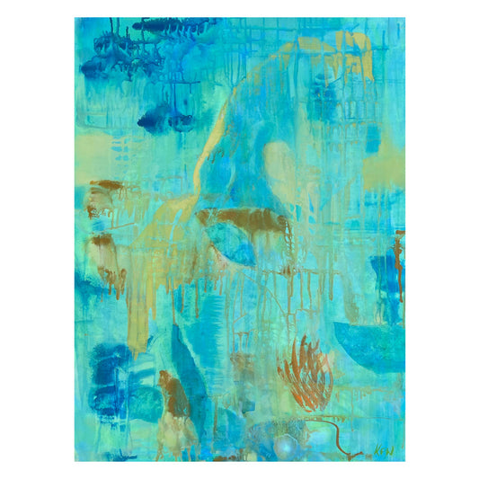 Abstract painting with mainly aqua green tones.