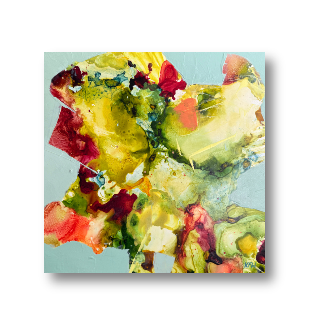 Abstract art piece with vibrant colors on a light green background