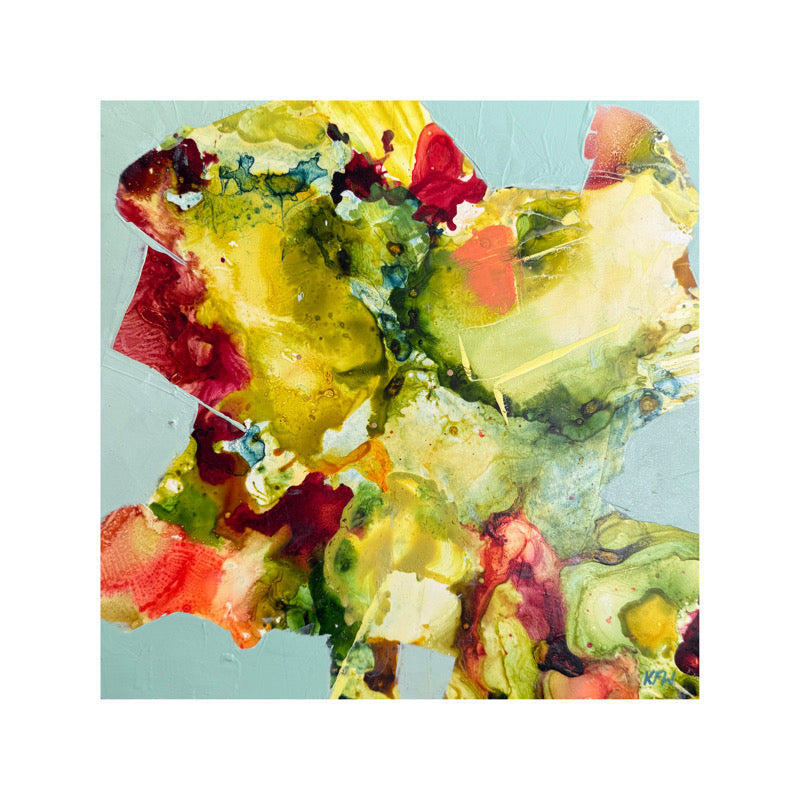 Abstract art piece with vibrant colors on a light green background