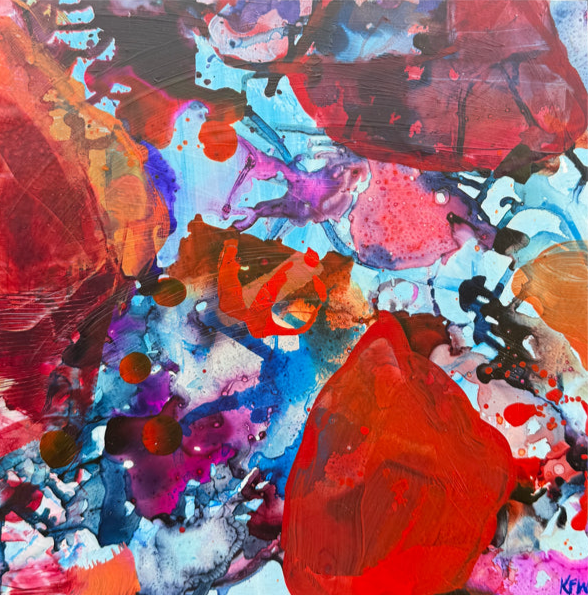 Red and blue small abstract art square painting