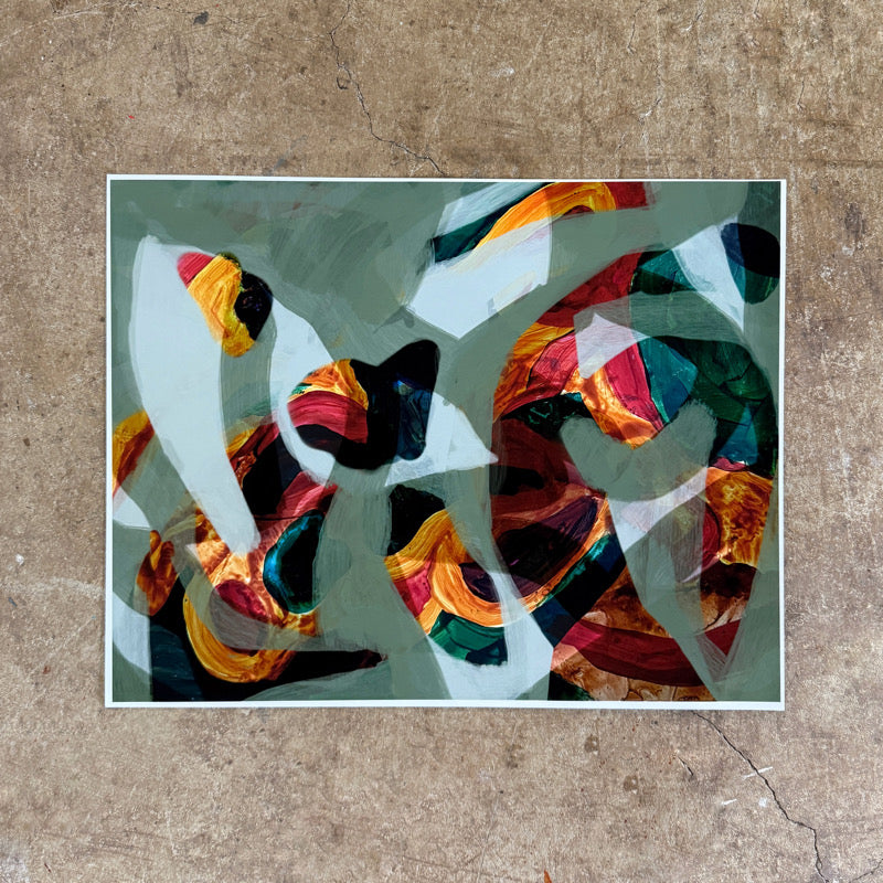 Abstract art print with colorful geometric shapes on a textured surface