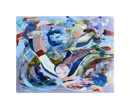 Expressive abstract piece with blue and violet swirls on a white background