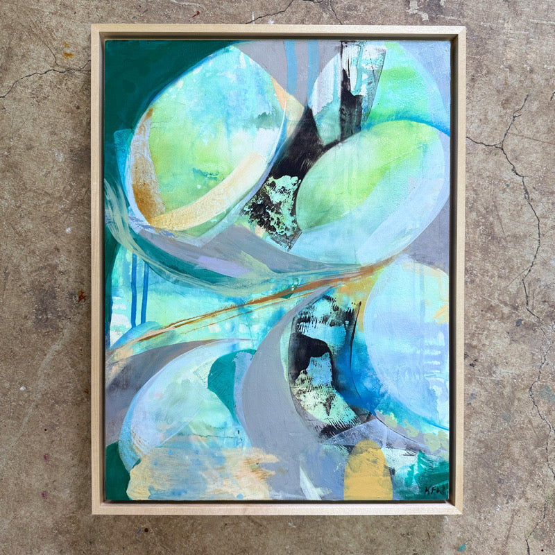 Abstract artwork featuring various shades of green, blue, silver, and peach in an acrylic paint on cradled panel by Kasey Wanford.