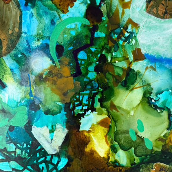 Abstract artwork with a mix of blue and green colors and textures