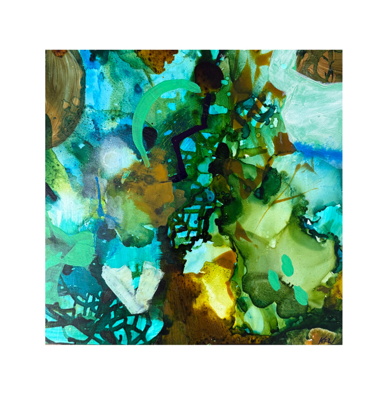 Abstract artwork with a mix of green, blue, and brown colors on a white background