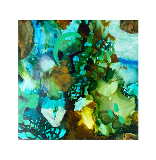 Abstract artwork with a mix of green, blue, and brown colors on a white background