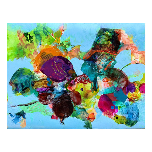 Abstract artwork with vibrant colors with a sky blue background