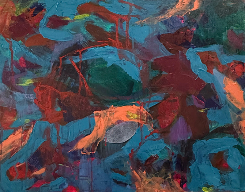 Abstract painting with a mix of red, blue, and orange colors.