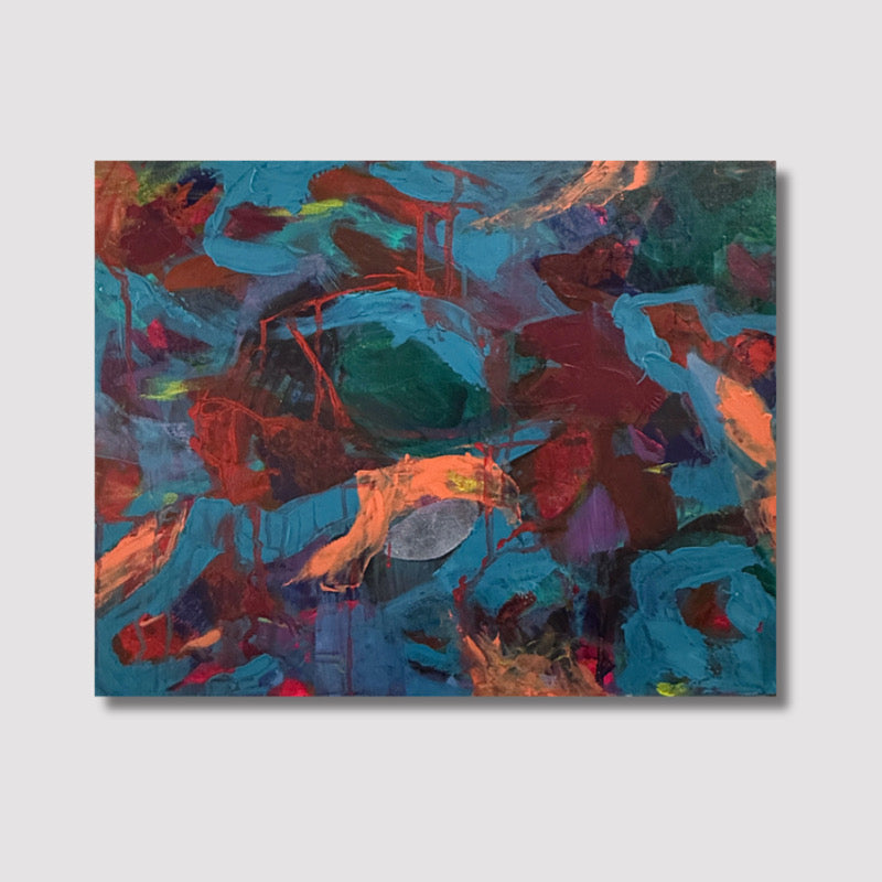 Abstract painting with vibrant colors on a light gray background