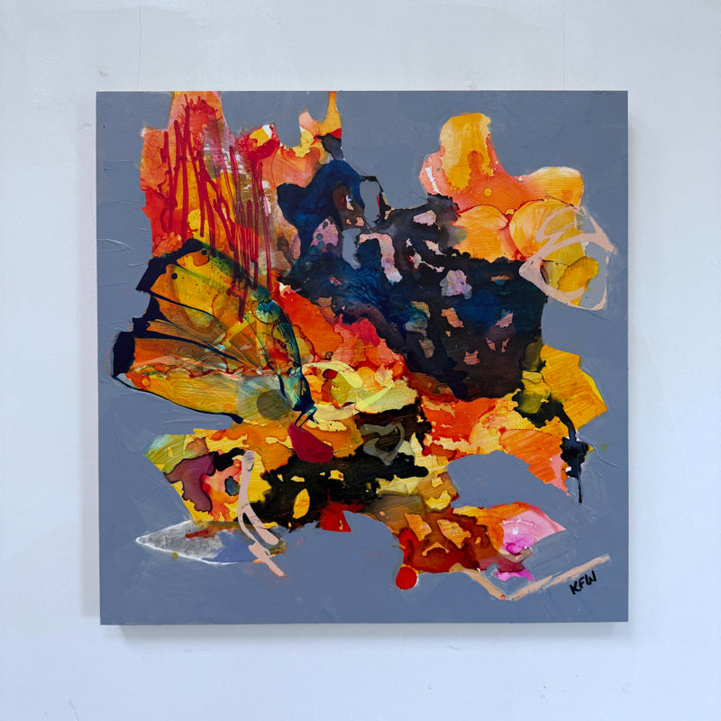 Abstract painting with vibrant colors on a gray background