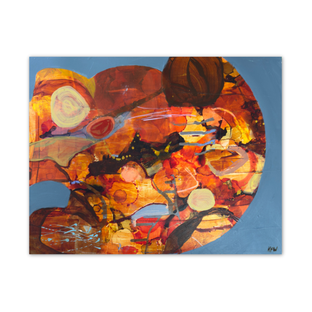 Abstract art piece with warm colors on a blue background