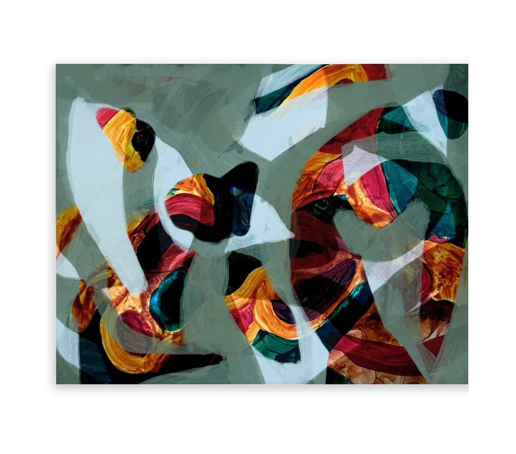 Green abstract artwork with colorful swirling patterns on a white background