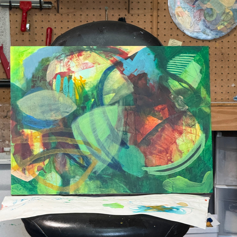 Rectangular Green Abstract Painting on Easel