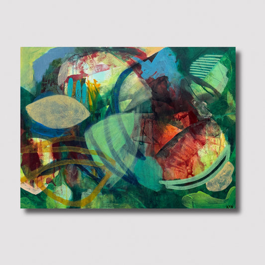 Mainly green and red abstract art with shapes and swirls