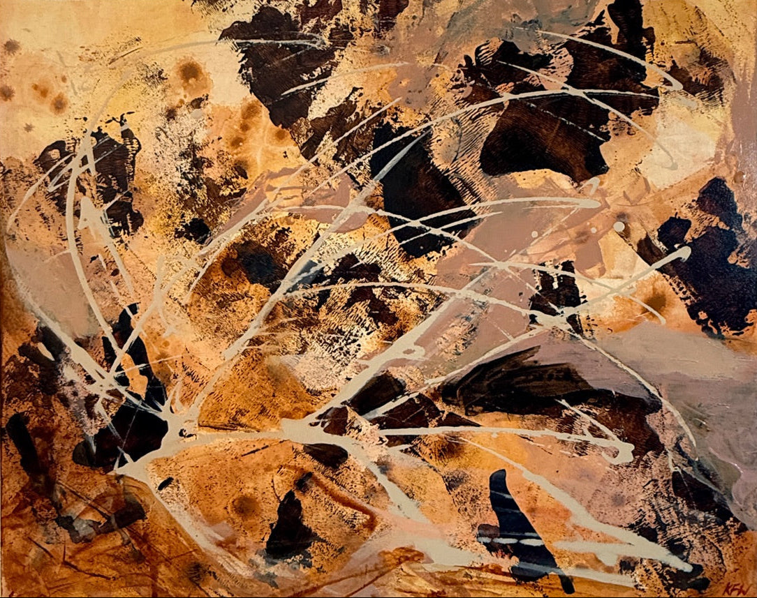 riginal textured abstract acrylic painting on panel featuring expressive dark marks of black and brown on a tan background.