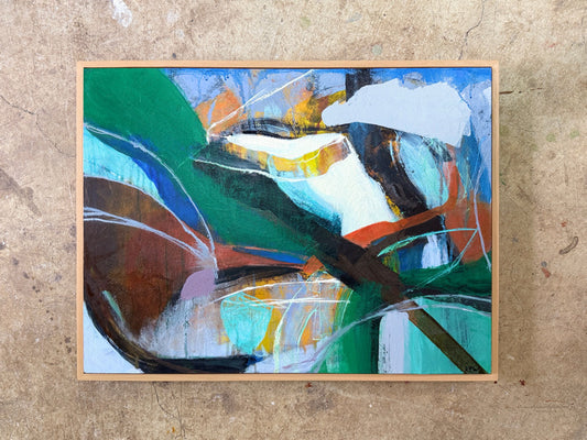 Abstracted painting in horizontal orientation. Primary green and blue with turquoise and brown accents