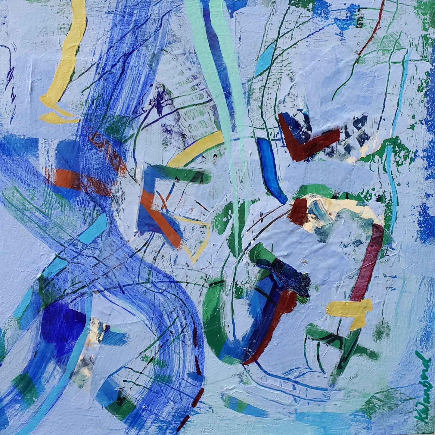 An abstract expressionist painting featuring dynamic, gestural brushstrokes in various shades of blue, green, yellow, and brown on a textured light blue background.