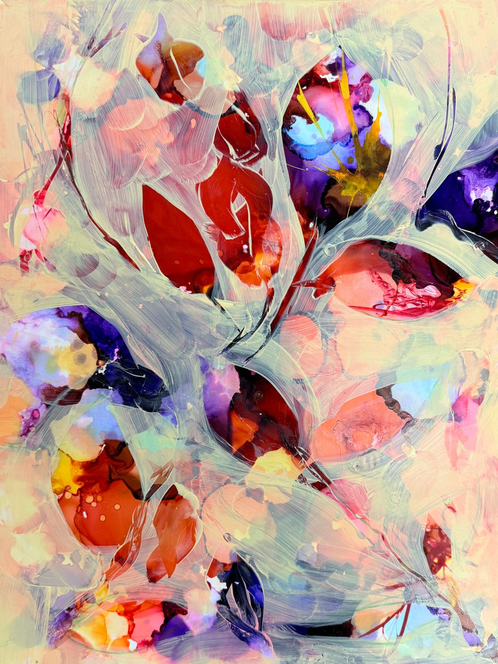 Abstract floral painting with expressive brushstrokes in red, pink, purple, blue, orange, and cream tones.