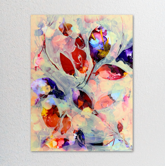 An abstract canvas painting featuring expressive brushstrokes in red, purple, blue, pink, and orange on a cream background, displayed on a textured white wall.